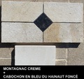 Dallage pierre de Montagnac Crème avec cabochon noir (Bleu du Hainaut adouci fin)